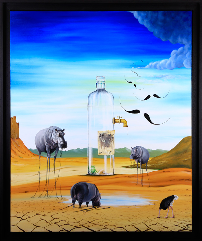 eau de vie, artiste peintre toulousain, jean-françois rousselot, peinture surréaliste style Dali avec des hippopotames dans un desert