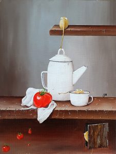 Huile sur toile, Jean-François Rousselot, les curieux (série les oeufs trompette)