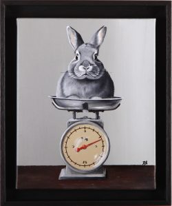 huile sur toile, peser un lapin